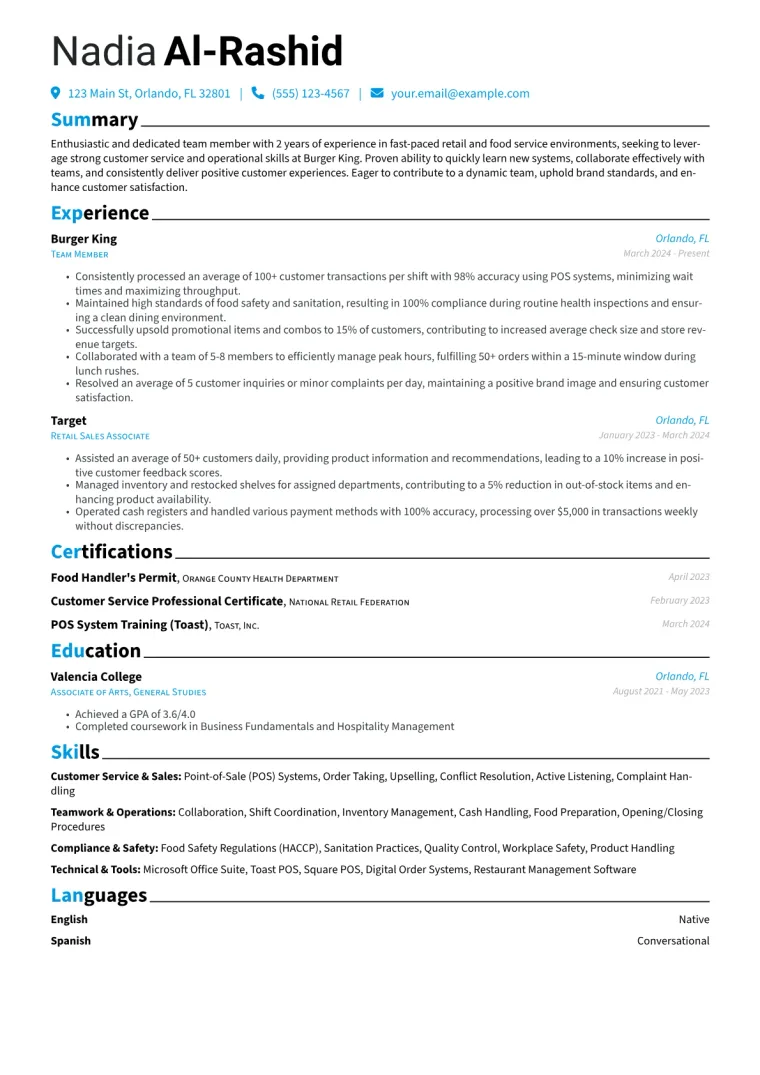 Burger King Resume Example preview