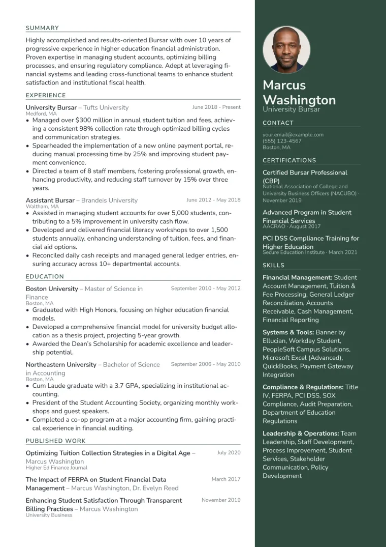 Bursar Resume Example preview