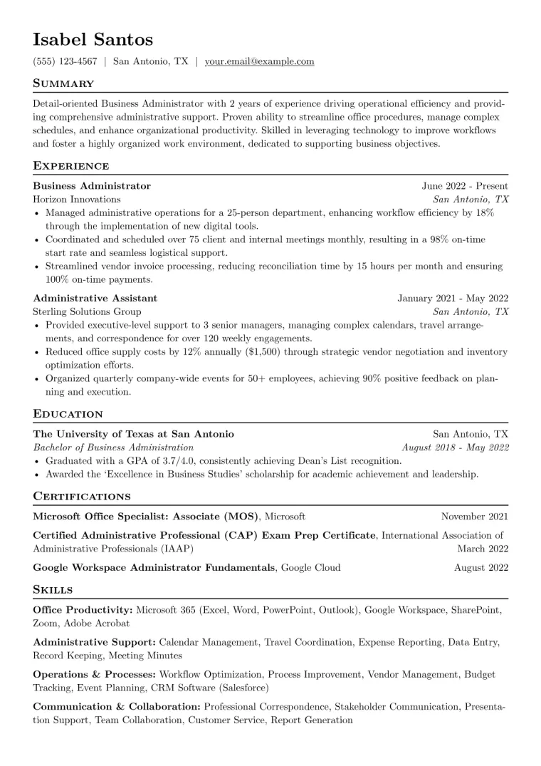 Business Administrator Resume Example CV template preview
