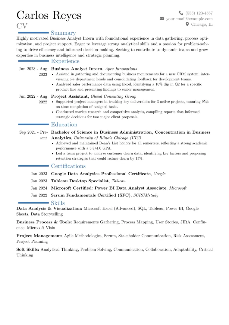 Business Analyst Intern Resume Example CV template preview