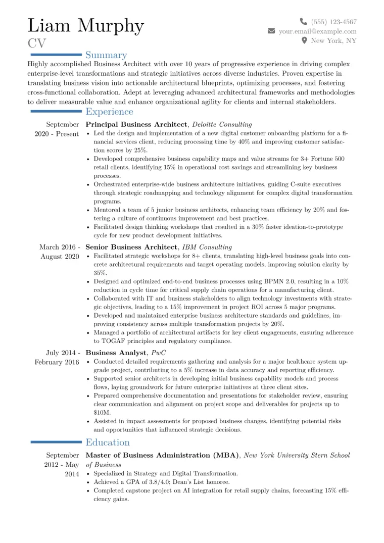 Business Architect Resume Example CV template preview