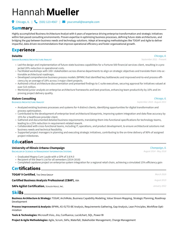 Business Architecture Analyst Resume Example CV template preview