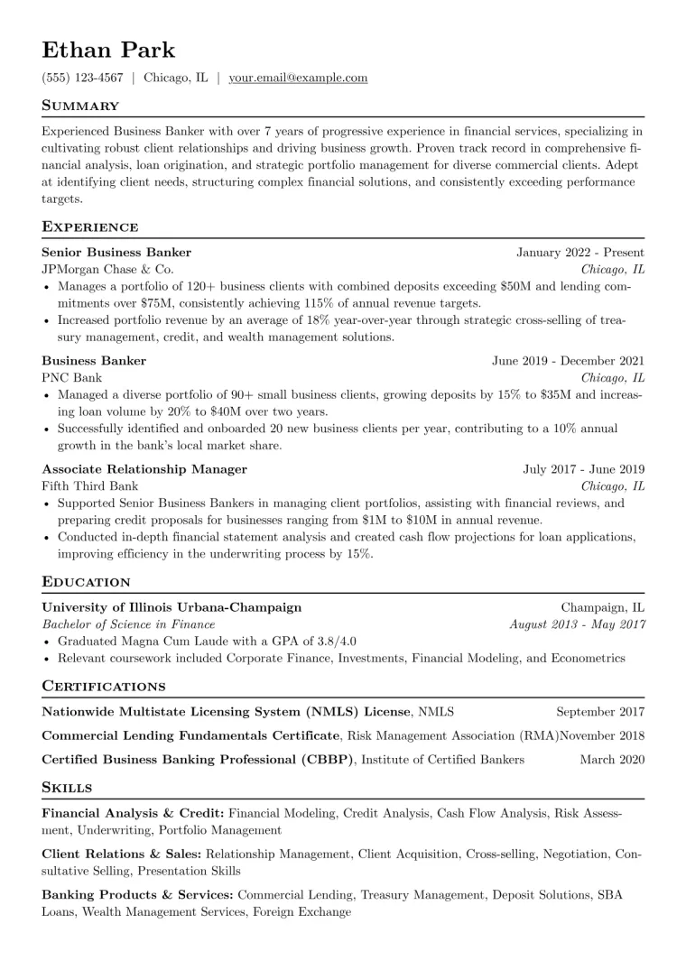 Business Banker Resume Example CV template preview