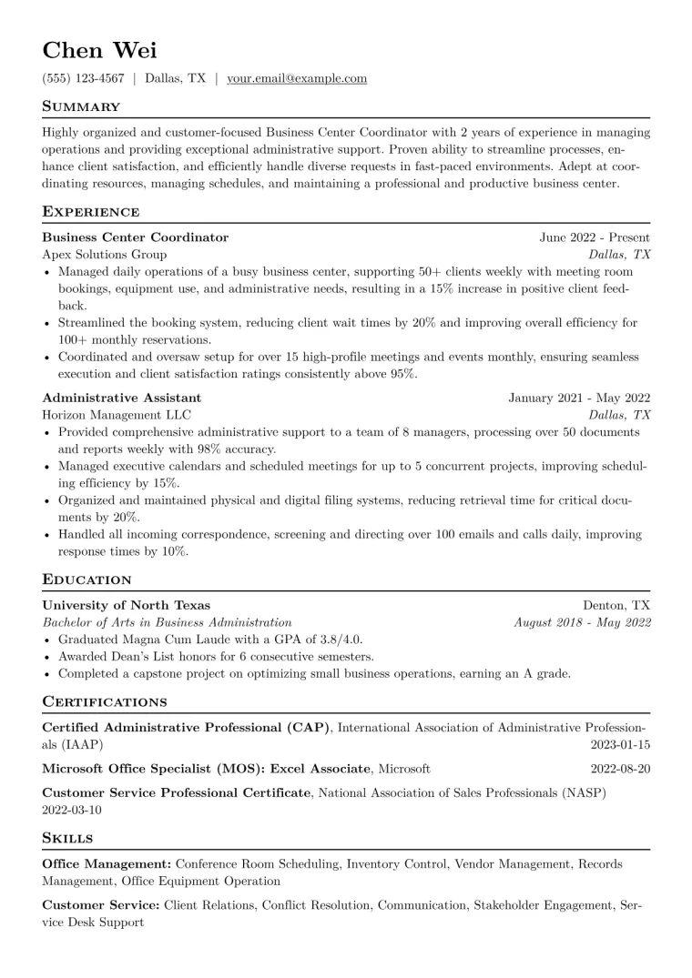 Business Center Coordinator Resume Example CV template preview