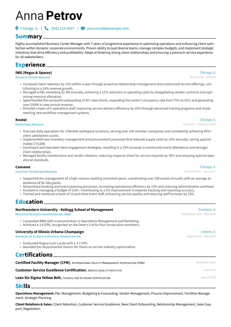 Business Center Manager Resume Example CV template preview