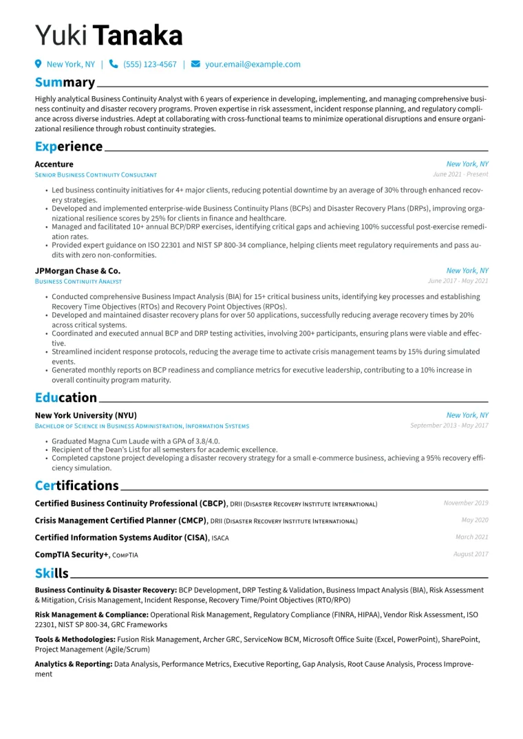 Business Continuity Analyst Resume Example CV template preview