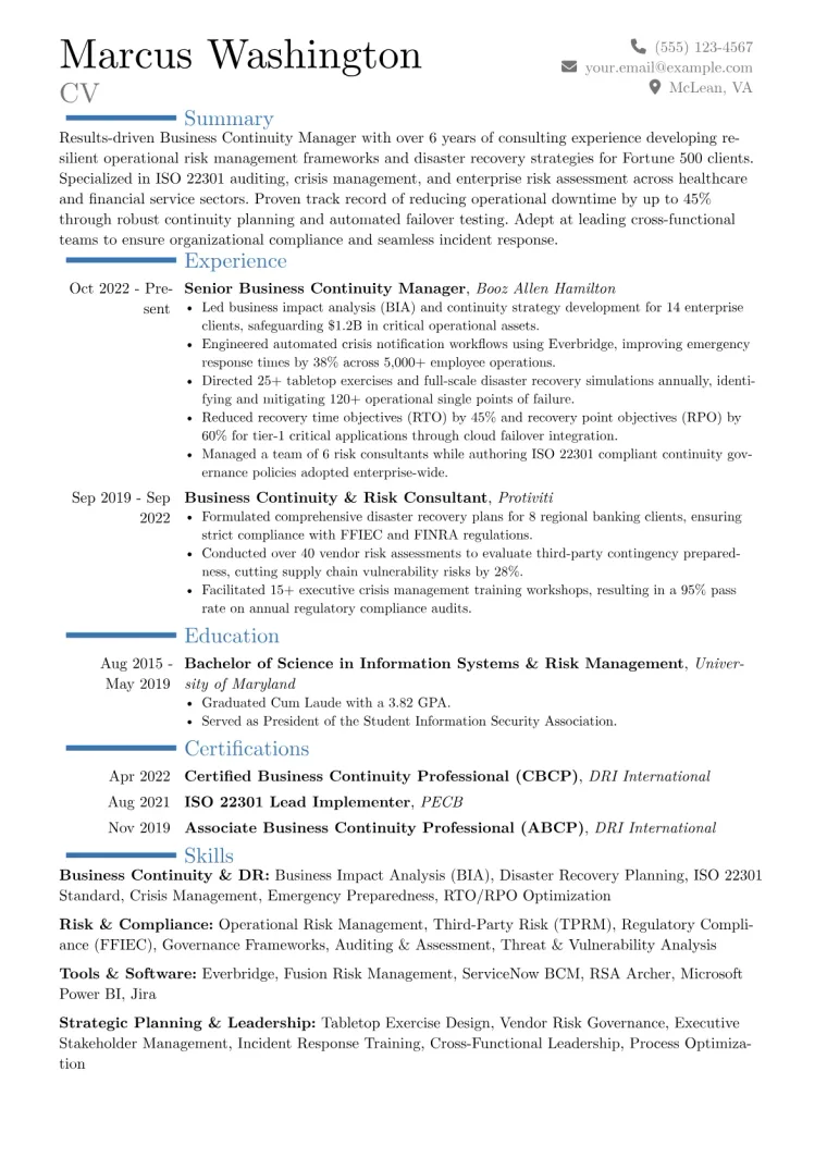 Business Continuity Manager Resume Example preview