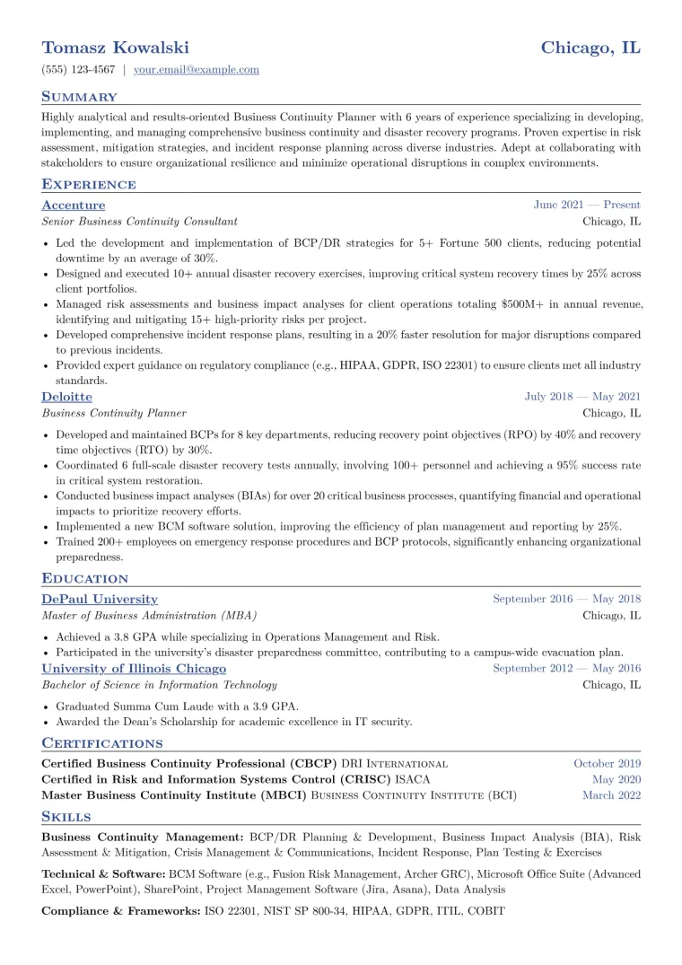 Business Continuity Planner Resume Example CV template preview
