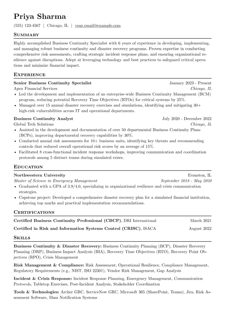 Business Continuity Specialist Resume Example CV template preview