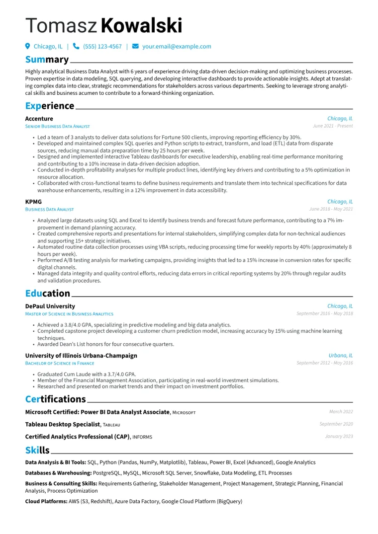 Business Data Analyst Resume Example CV template preview