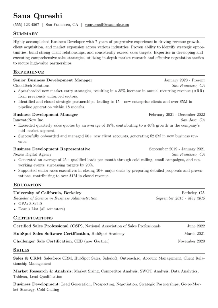 Business Developer Resume Example CV template preview
