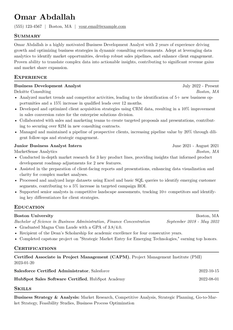 Business Development Analyst Resume Example CV template preview