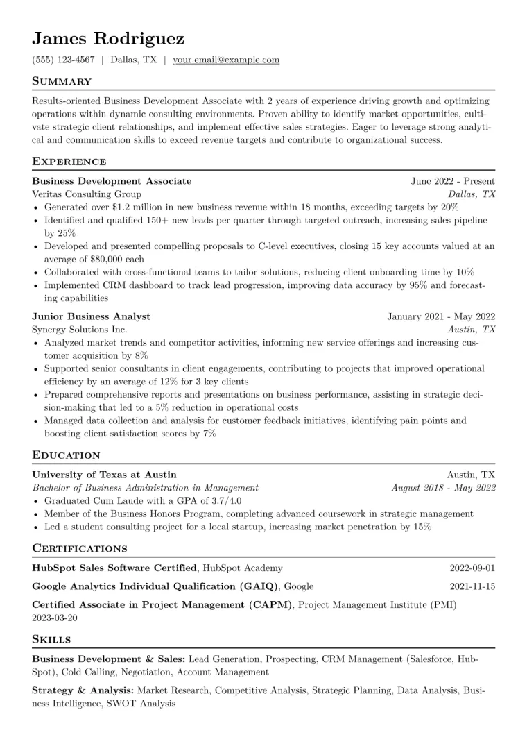 Business Development Associate Resume Example