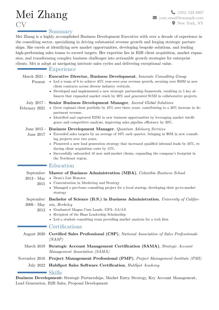 Business Development Executive Resume Example CV template preview
