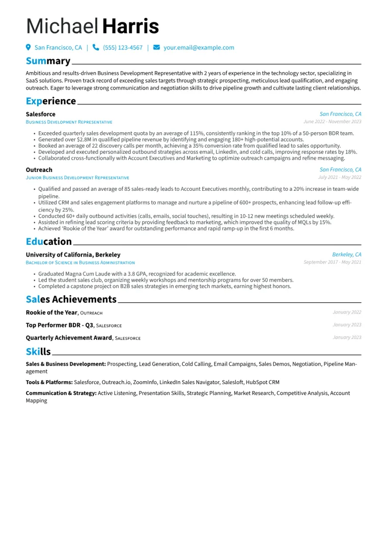 Business Development Representative Resume Example