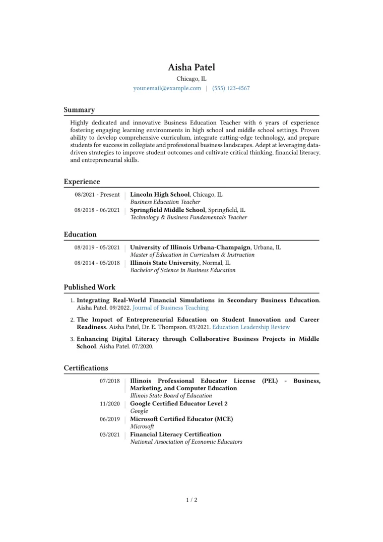Business Education Teacher Resume Example CV template preview