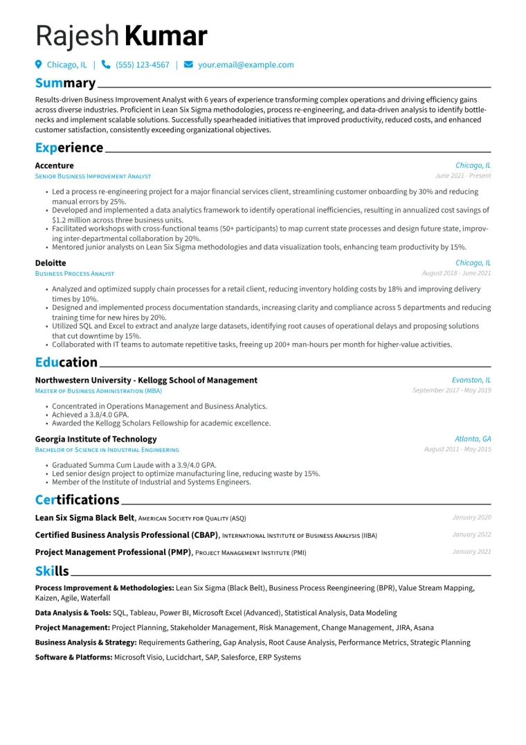 Business Improvement Analyst Resume Example CV template preview