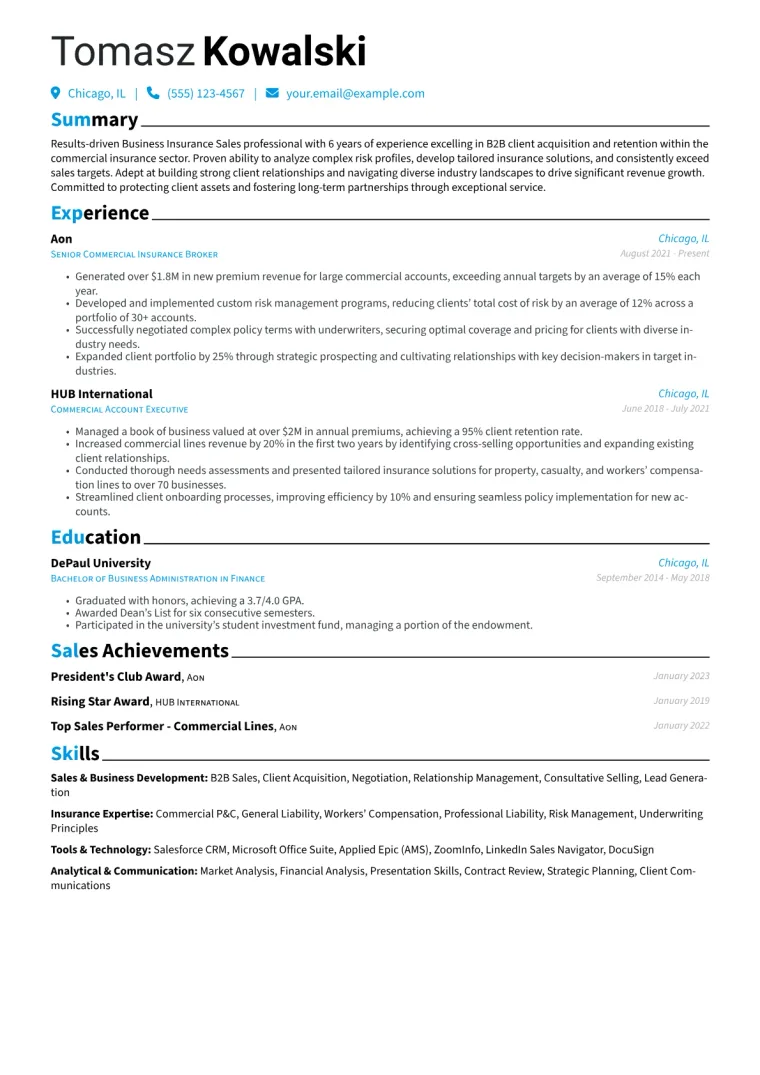 Business Insurance Sales Resume Example CV template preview