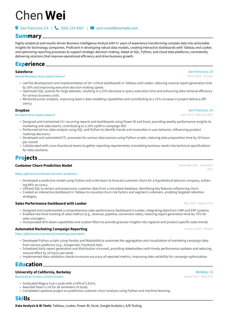 Business Intelligence Analyst Resume Example CV template preview