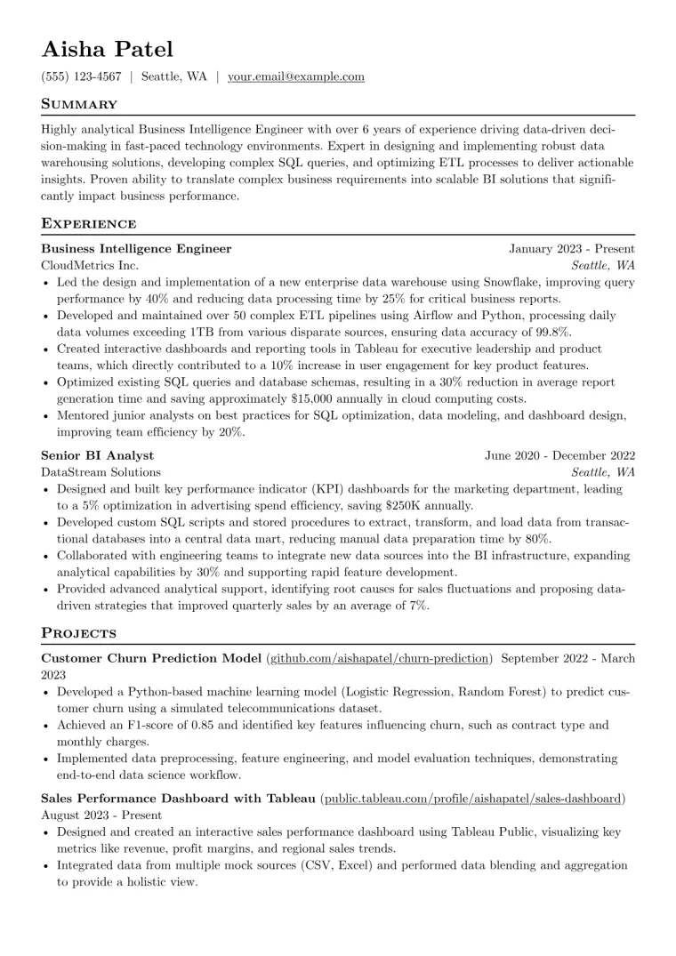 Business Intelligence Engineer Resume Example CV template preview