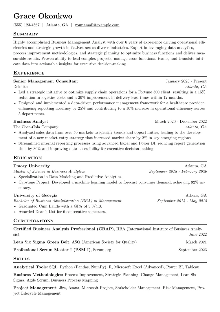 Business Management Analyst Resume Example CV template preview