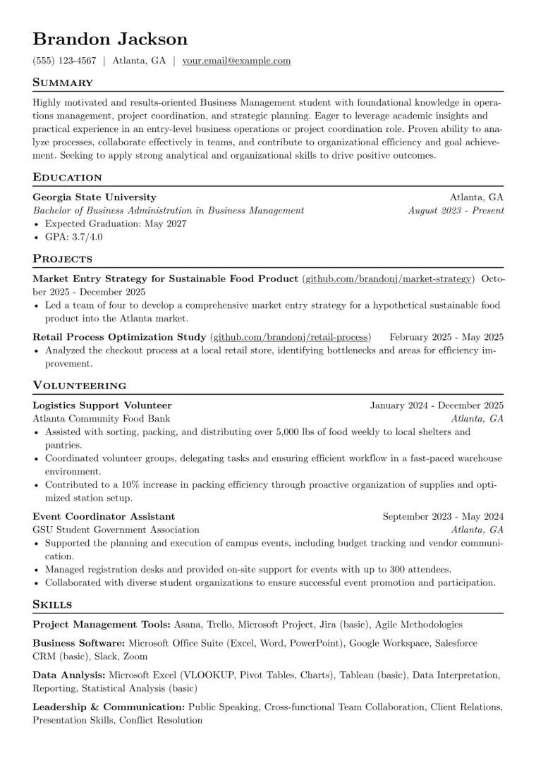 Business Management Student Resume Example preview