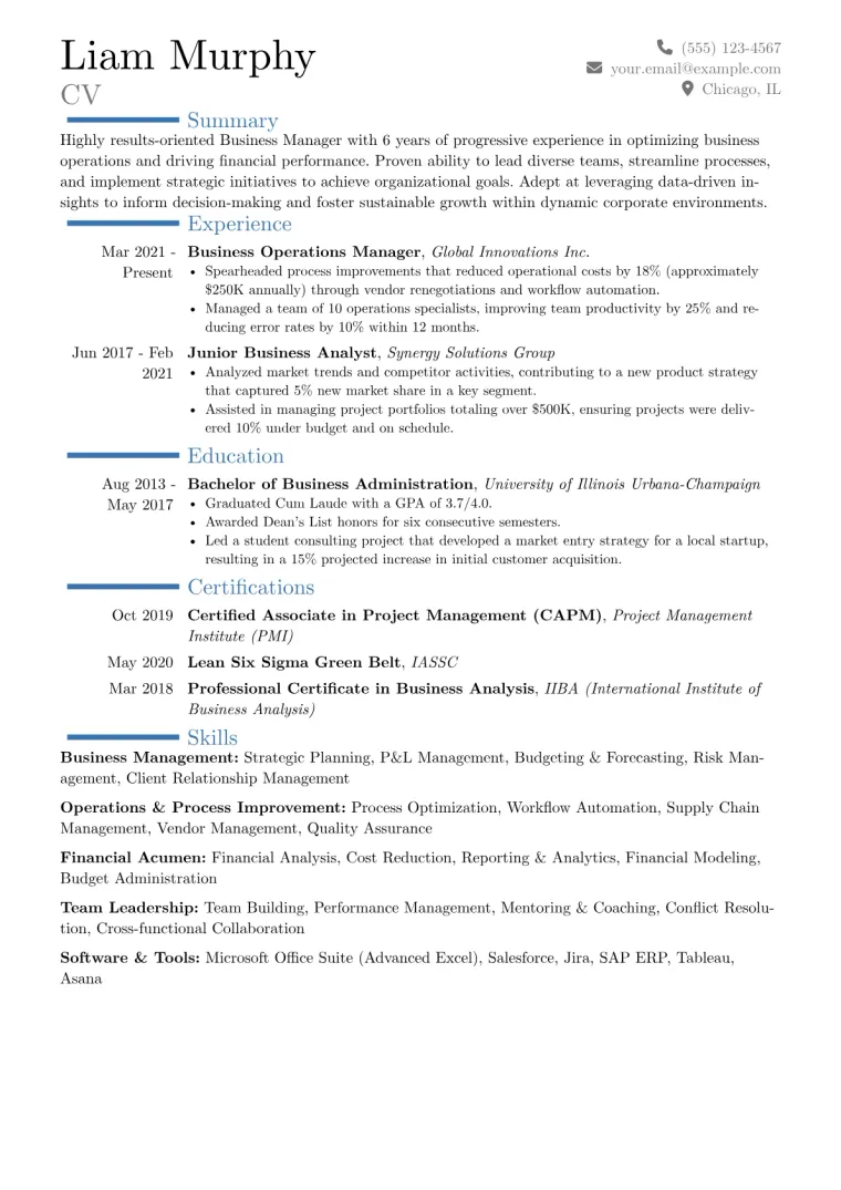 Business Manager Resume Example CV template preview
