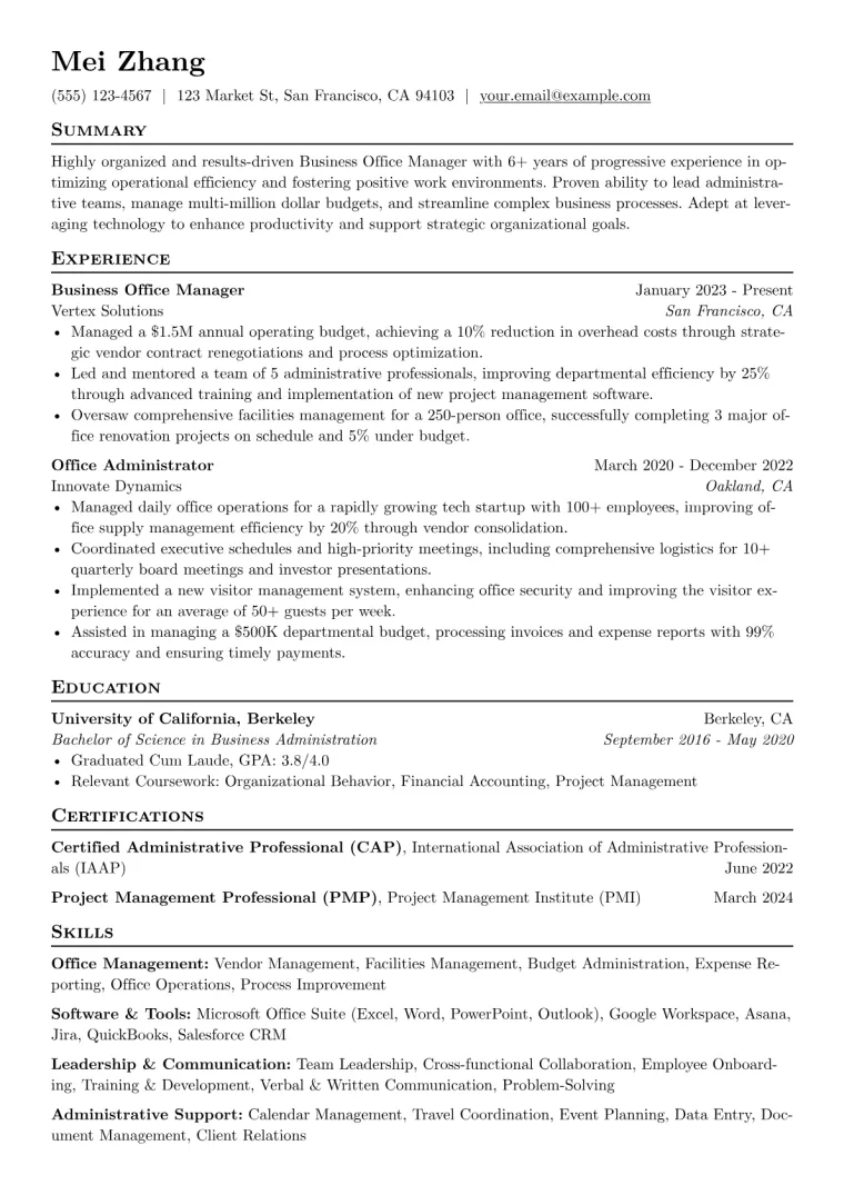 Business Office Manager Resume Example preview