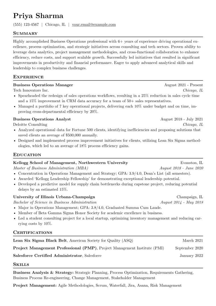 Business Operations Resume Example CV template preview