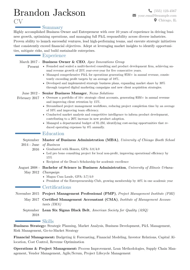 Business Owner Resume Example CV template preview