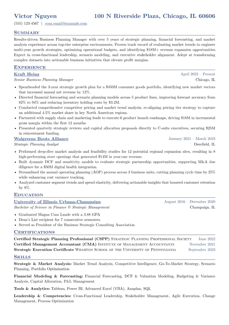 Business Planning Manager Resume Example CV template preview