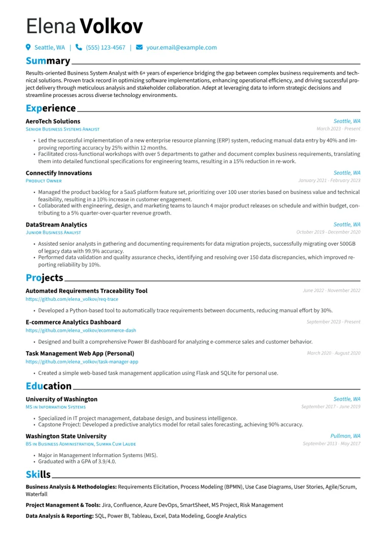 Business System Analyst Resume Example CV template preview