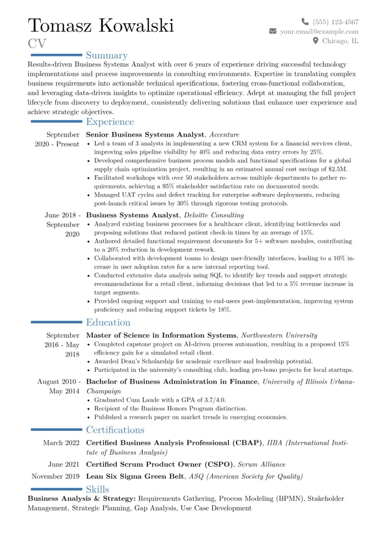 Business Systems Analyst Resume Example CV template preview