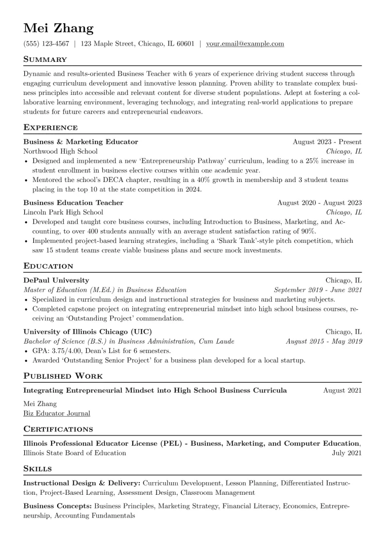 Business Teacher Resume Example preview