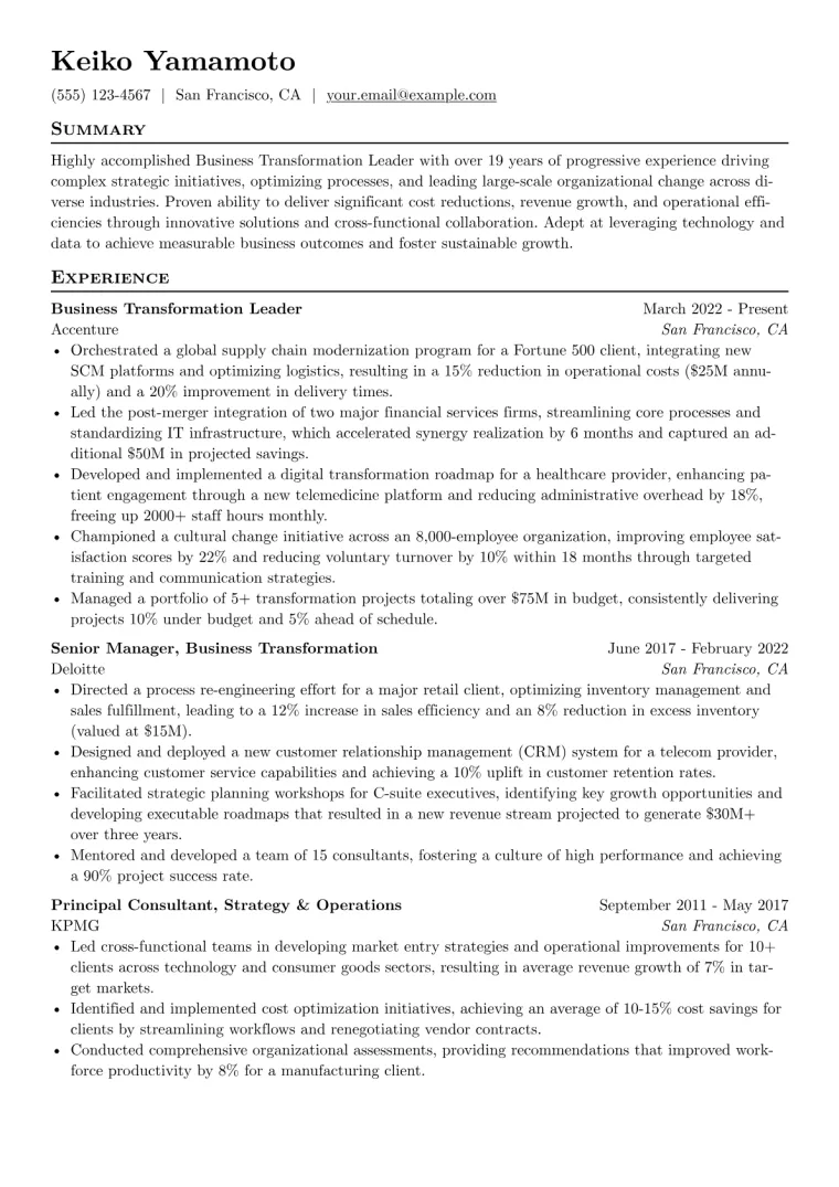 Business Transformation Leader Resume Example preview
