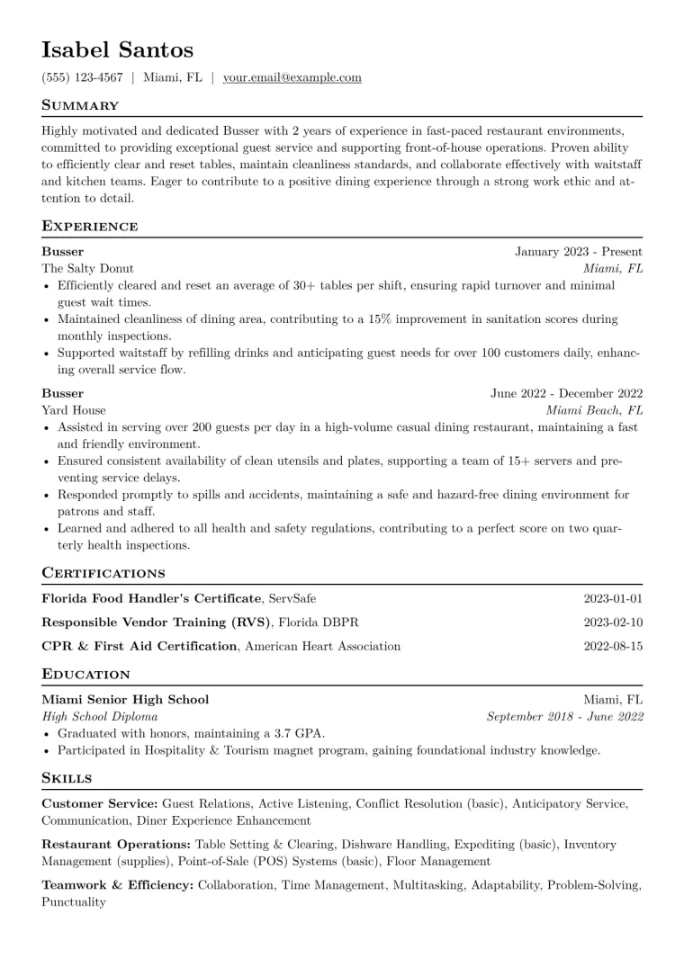 Busser Resume Example CV template preview