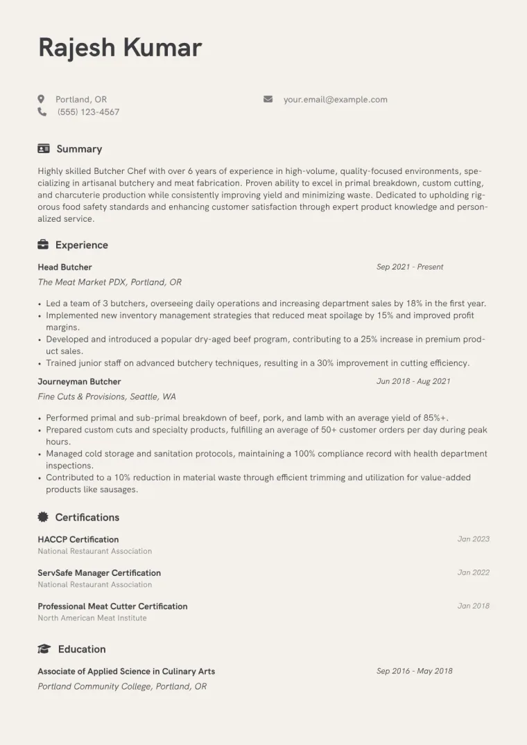 Butcher Chef Resume Example CV template preview
