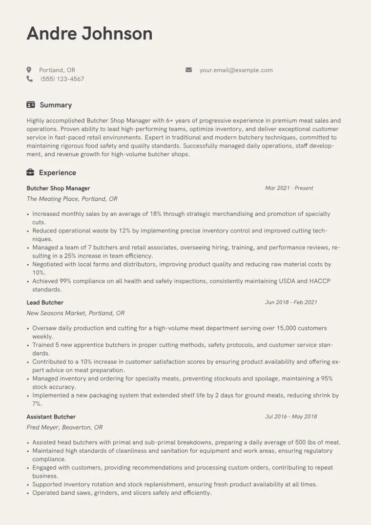 Butcher Shop Manager Resume Example CV template preview