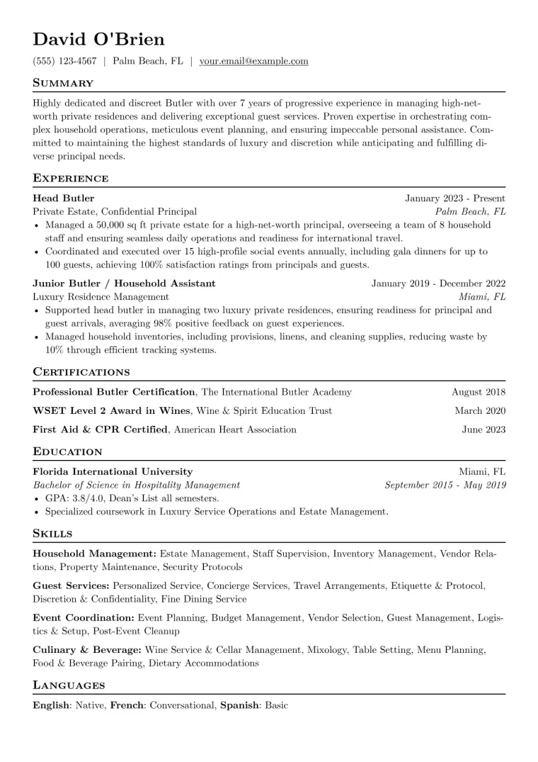 Butler Resume Example CV template preview
