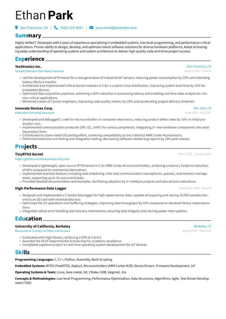 C Developer Resume Example CV template preview