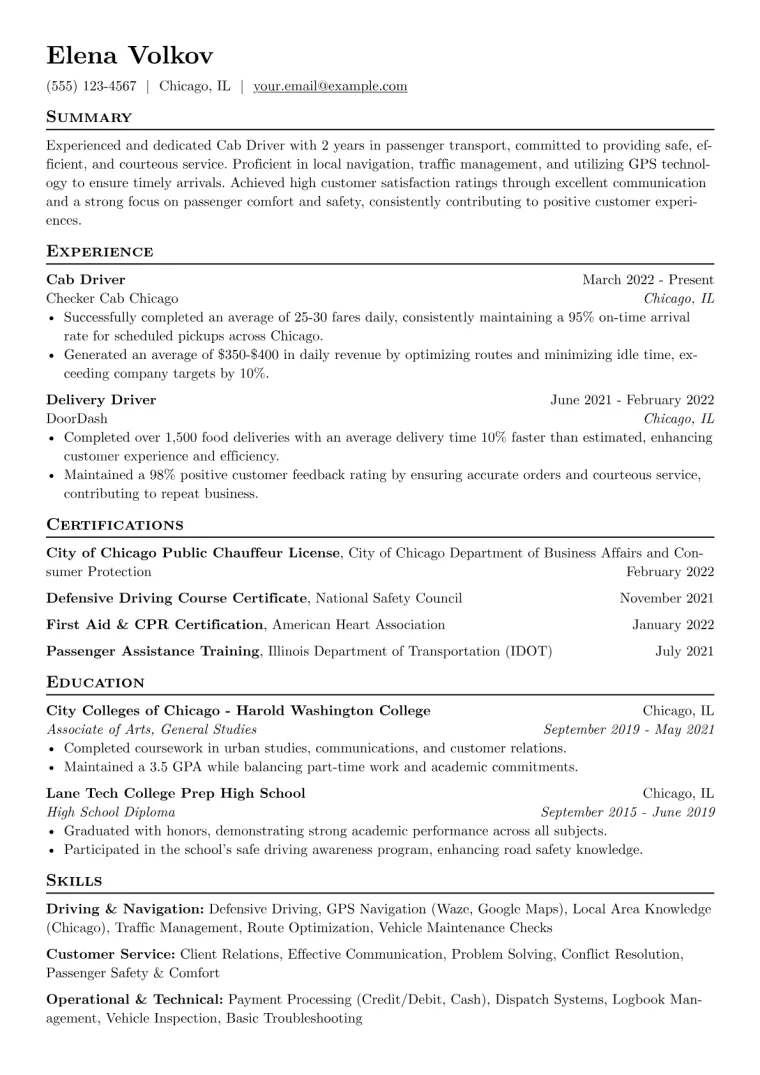 Cab Driver Resume Example CV template preview