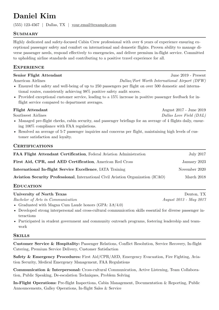 Cabin Crew Resume Example CV template preview