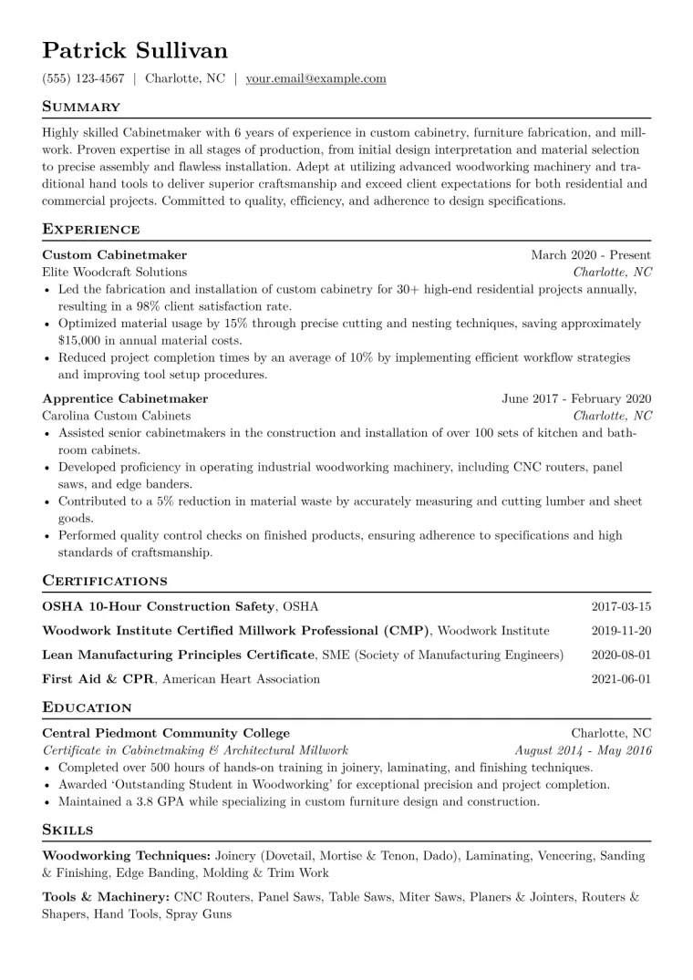 Cabinetmaker Resume Example CV template preview