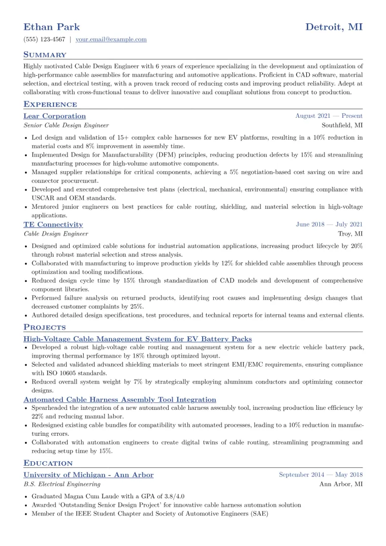 Cable Design Engineer Resume Example CV template preview