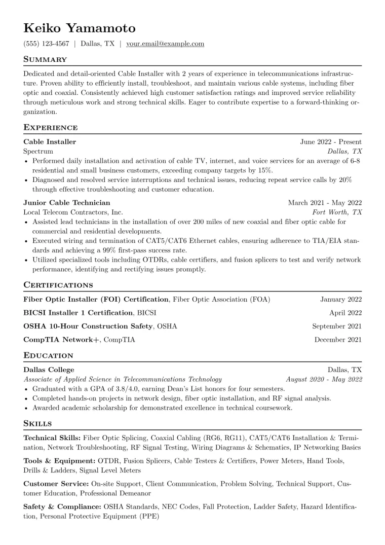 Cable Installer Resume Example CV template preview