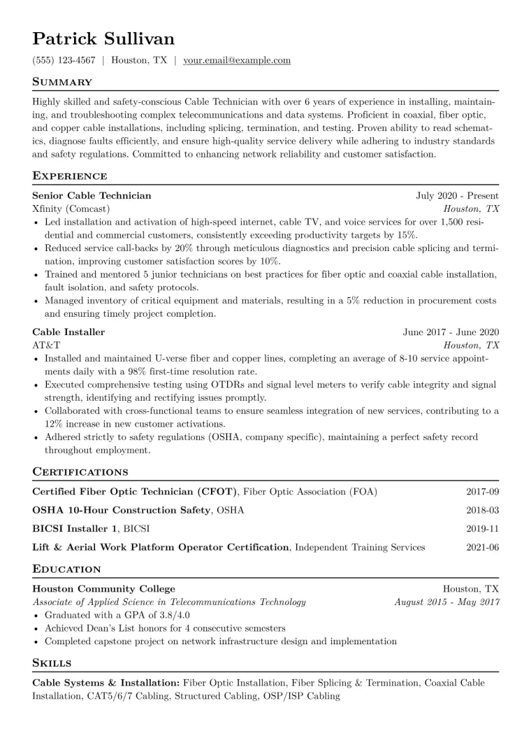 Cable Technician Resume Example CV template preview