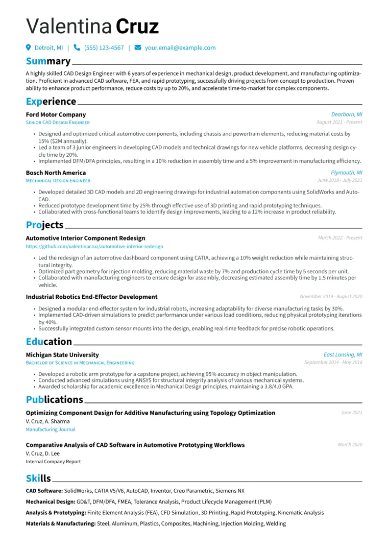 CAD Design Engineer Resume Example CV template preview