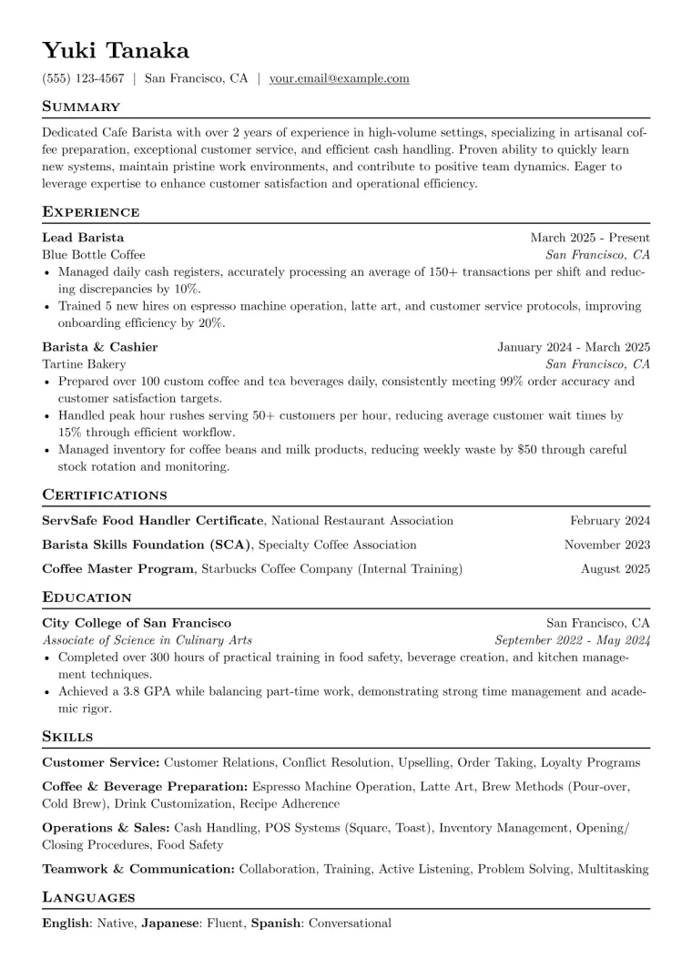 Cafe Barista Resume Example CV template preview