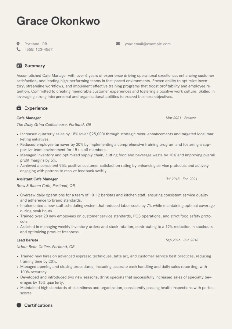 Cafe Manager Resume Example CV template preview