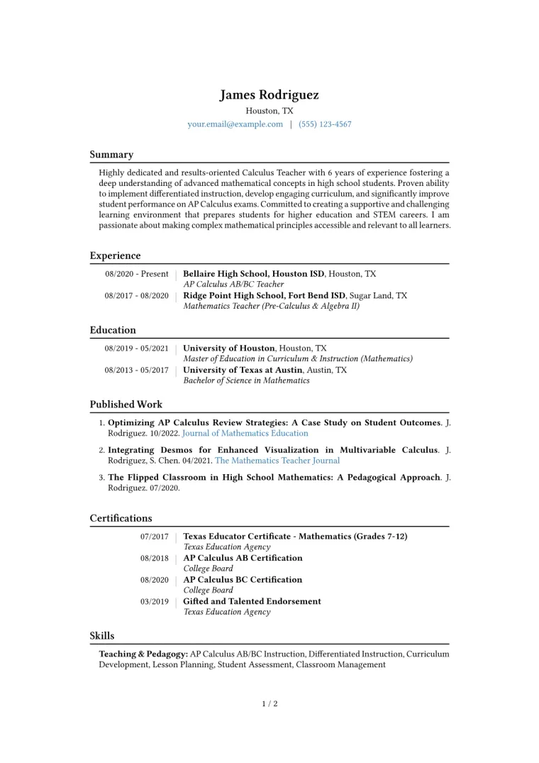 Calculus Teacher Resume Example CV template preview